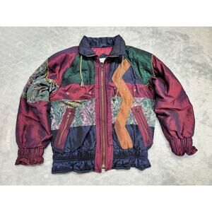 Vintage Silverleaf 90s Bomber Jacket Iridescent Jewel Tone Floral Tapestry Large